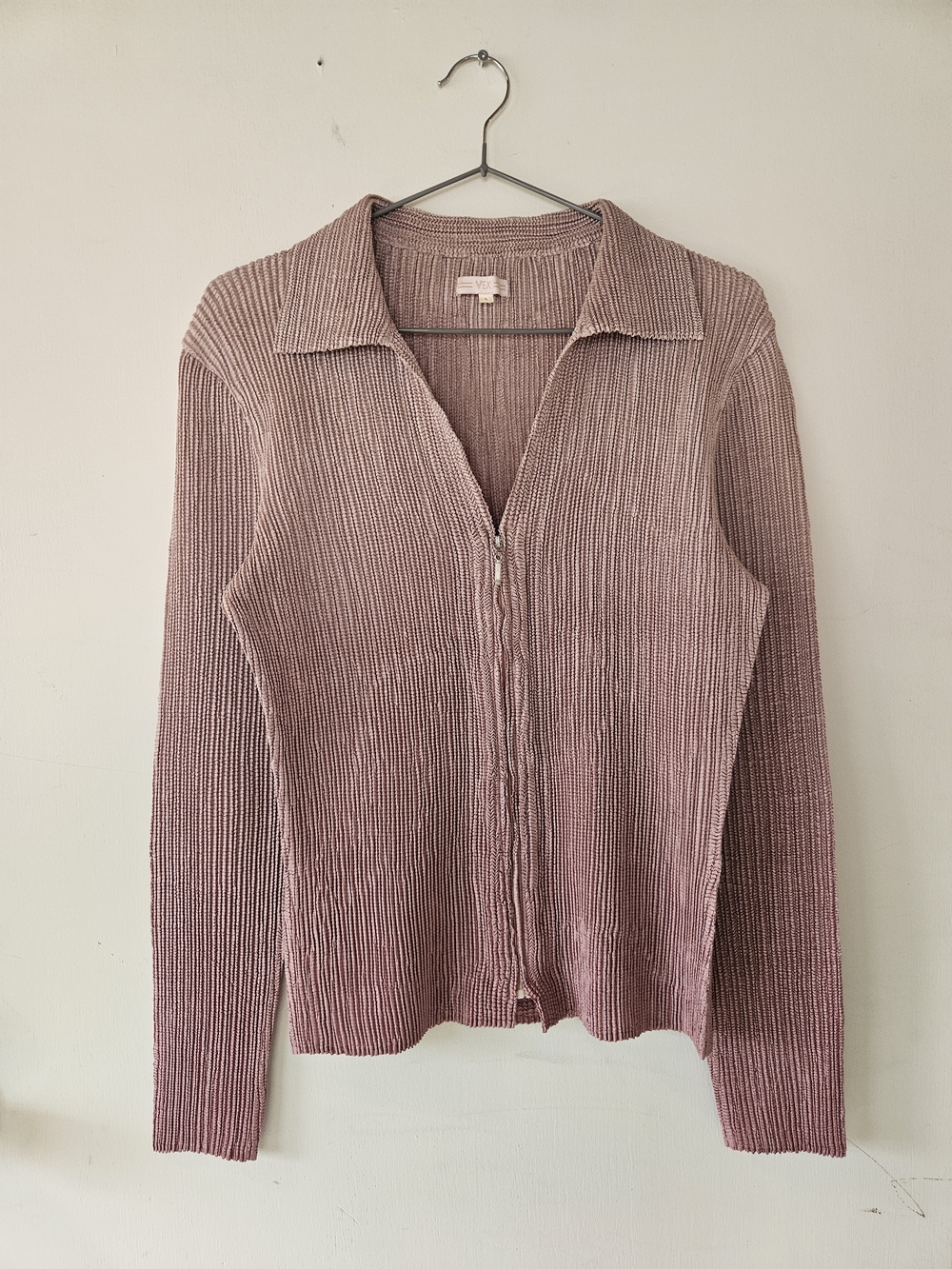 Zip-Front Ribbed Knit Sweater - Dusty Rose